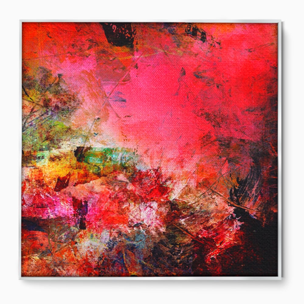 Tablou canvas cu pictura abstracta in nuante de rosu, in rama de aluminiu argintiu